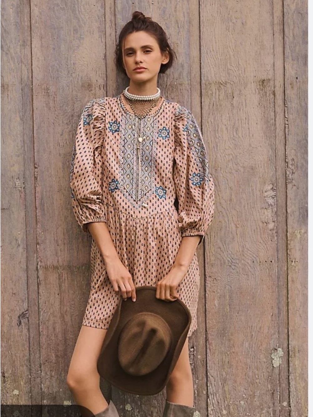 Anthropologie Blush Mini Dress with Blue Embroidery romantic cotttage core